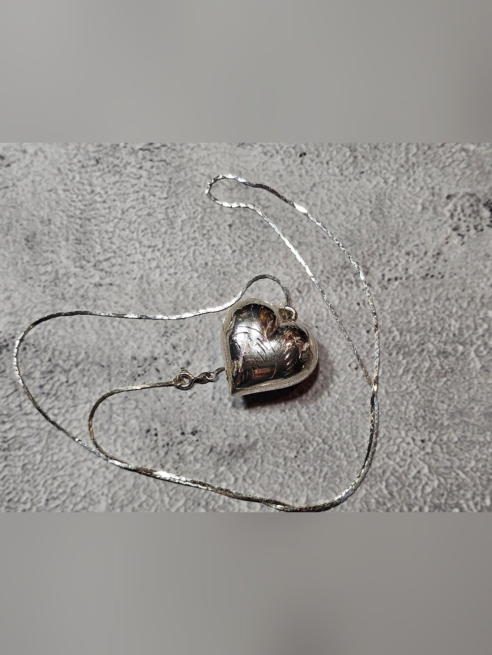 Vintage Sterling Etched Puff Heart Pendant on Sterling Chain